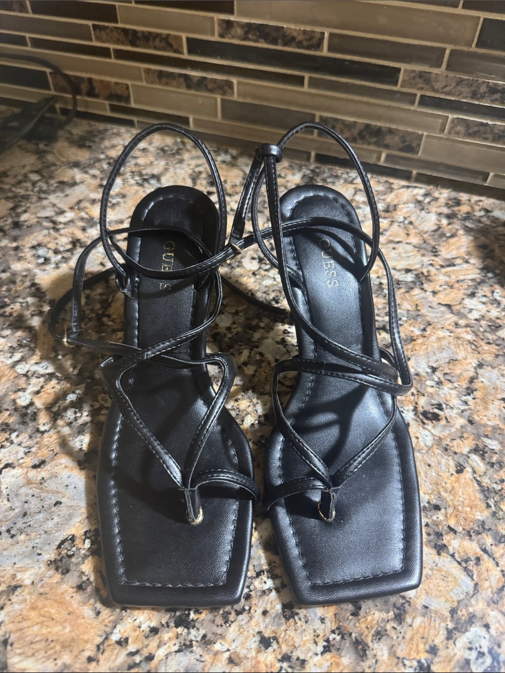 Guess Black Strappy Square-Toe Lace-Up Sandals